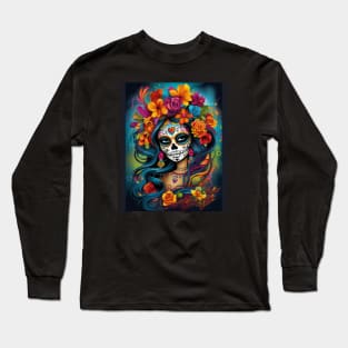 Mexican Tradition: Colorful Sugar Skull Makeup Long Sleeve T-Shirt